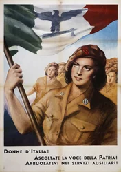 Les femmes italiennes écoutent la voix de la patrie ! Enrôlez-vous dans les services auxiliaires ! (Les femmes italiennes écoutent la voix de la patrie ! Enrôlez-vous dans les services auxiliaires !), Affiche de propagande, Italie, 20e siècle
