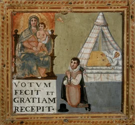 Ex-voto représentant un homme remerciant la Vierge à genoux pour avoir été guéri d