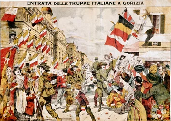 Première Guerre mondiale (1914-1918). Prise de Gorizia par les troupes italiennes. 1918. (gravure)