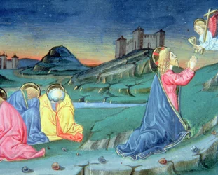 Fol.104r Ayant prié sur le Mont des Oliviers, un ange arrive pour réconforter le Christ