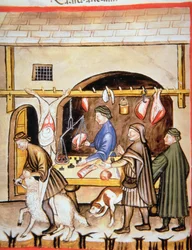Les bouchers : Vente de mouton, illustration de Tacuinum Sanitatis