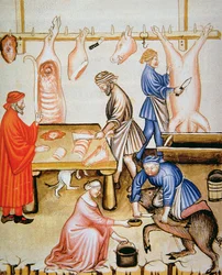 Les bouchers : Viande de porc, illustration de Tacuinum Sanitatis Codex Vindobonensis