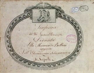Frontispice (détail) de "Sinfonia en mi bémol majeur : dédiée à la mémoire de Bellini" par Gaetano Donizetti (1797-1848)
