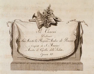 Frontispice de la partition musicale de Sei canoni par le compositeur italien Natale Mussini (1765-1837) dédié à la Reine de Prusse
