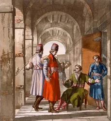 Hommes géorgiens bavardant et fumant dans une arcade, v. années 1820-30