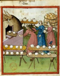 Manuel de santé : cuisson du pain. Miniature du manuscrit « Tacuinum Sanitatis », Lombardie, 3e quart du 14e siècle