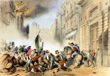 Unité italienne : le 26/05/1860, Giuseppe Garibaldi, à la tête de ses Chemises Rouges, les Mille, entre à Palerme en Sicile et porte un coup décisif au royaume des Bourbons de Naples. Gravure du 19ème siècle