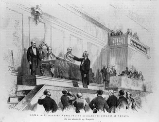 Le compositeur italien Giuseppe Verdi (1813-1901) nommé sénateur au Sénat en 1874, Rome. Gravure de 1875.