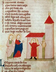 Joseph et Marie cherchent un asile. Miniature de Del novo e del vedre testamento par Pietro da Barsegape (13ème siècle) 14ème siècle Milan, Biblioteca Braidense