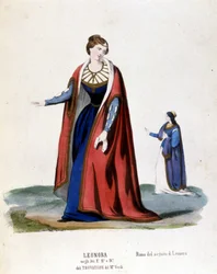 Costume de Leonora pour la première représentation du Trouvère (Trovatore) de Giuseppe Verdi (1854) bibliothèque de la Scala de Milan