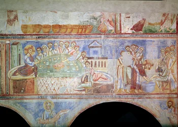 De gauche à droite : La Cène et le Christ lavant les pieds des disciples, de la nef centrale, École de Monte Cassino