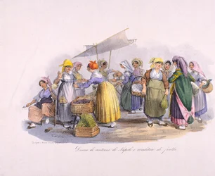 Scène de marché à Naples, gravure, Italie