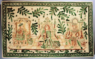 Plaque décorative de style médiéval représentant Constance de Hauteville, Roger de Sicile et Frédéric II de Hohenstaufen, manufacture Alessi, Caltagirone, Sicile, Italie (céramique)