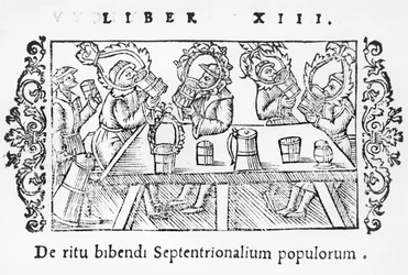 Hommes buvant, illustration de Historia de Gentibus Septentrionalibus par Olaus Magnus (1490-1558), publié à Rome, 1555