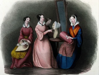 Métier milanais : jeunes femmes confectionnant des chapeaux. Gravure de 1830 à Locarno.