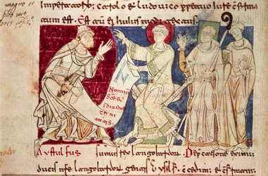 Miniature du Chronicon Vulturnense, codex enluminé composé par le moine Iohannes, vers 1130, Italie