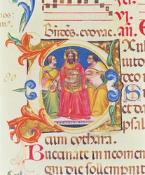 Initiale historiée O représentant le roi David et deux anges, du Psautier de Santa Maria Novella, illuminé par Paolo Soldini (fl.1342-86) 1379