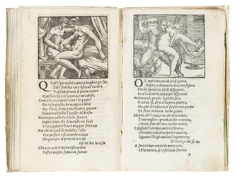 Page de "Sonetti Lussuriosi" de Pietro Aretino, illustrée par Giulio Romano et gravée par Marcantonio Raimondi, publiée à Venise, c.1527