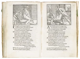 Page de "Sonetti Lussuriosi" par Pietro Aretino, illustrée par Giulio Romano et gravée par Marcantonio Raimondi, publiée à Venise, vers 1527