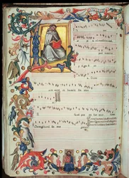 Page de notation musicale avec initiale historiée, du Codex Squarcialupi, produit au monastère florentin de S. Maria degli Angeli
