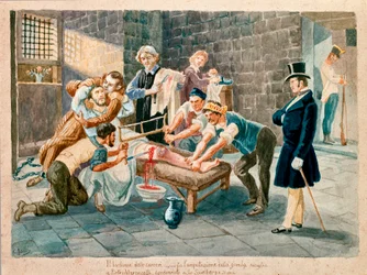 Le patriote et membre de la Carboneria Pietro Maroncelli (1795-1846) fut amputé de la jambe durant son emprisonnement au pénitencier de la forteresse du Spielberg en Moravie. Estampes du XIXe siècle, Museo del Risorgimento, Milan