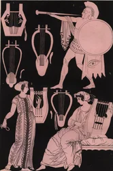 Flûtes, lyres et autres instruments de musique dans la Grèce antique - Instrument de musique de la Grèce antique - gravure tirée de «Usi e Costumi di Tutti i Popoli dell