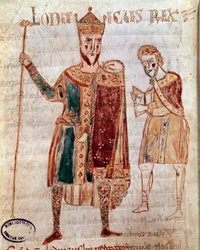 Portrait de Louis Ier le Pieux (778-840), roi de France Page de manuscrit (ms. 4) « Codex Legum Longobardorum » décrivant les lois du royaume lombard établies par le roi Rothari