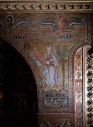 Prophète Jérémie et symboles des évangélistes Jean et Luc Anonyme Mosaïque du 12ème siècle Rome, Église Santa Maria in Trastevere Italie