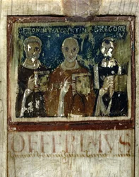 Saint Jérôme, Saint Augustin (354-430), et Saint Grégoire I le Grand (540-604), (détail) du Diptyque de Boèce, vers 487
