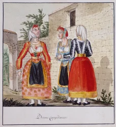Femmes sardes en costumes de Campidano, imprimé ms.258, Collection Luzzetti