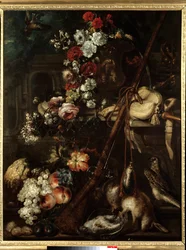 Nature morte de fleurs, gibier et fusil Peinture de l