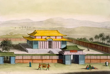 Temple Daibods dans un complexe à la campagne, de Costume dei... par Giulio Ferrario, vers 1820-30 (lithographie coloriée à la main)