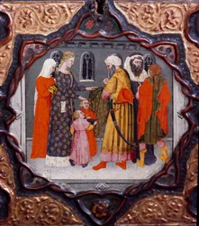 Dixième jour, neuvième nouvelle : le jour de Messer Torello et Saladin (1138-1193). Coffret peint illustrant le « Décaméron » de Giovanni Boccaccio (Jean Boccaccio) (1313-1375)