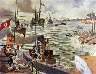 La bataille de Kunfuda Bay, janvier 1912 (lithographie couleur)