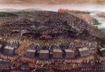 La bataille de la Montagne-Blanche pendant la guerre de Trente Ans (Allemagne 1620), qui opposa la Bohême dirigée par Frédéric V à la Sainte Ligue. Peinture à l