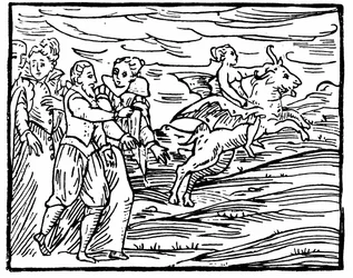 Le Diable, sous forme de chèvre volante, transportant une sorcière au Sabbat, illustration du Compendium Maleficarum par Francesco Maria Guazzo, 1608