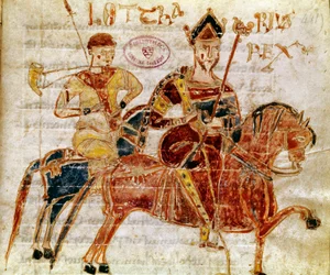 Le roi des Francs et ensuite Lothaire Ier (9e siècle) Miniature du « Codex Legum Longobardorum » décrivant les lois du royaume lombard établi par le roi Rothari