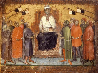 Le gouvernement restauré tient les citoyens en bride. Panneau de bois de 1385. Archives nationales, Sienne