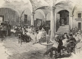 Passagers de troisième classe et passagers de première classe en quarantaine, désinfection des bagages, château de Quarcino, à la frontière suisse, épidémie de choléra, Italie, gravure de Mancastropa d