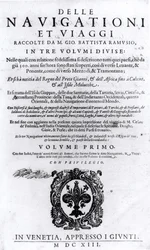 Page de titre du volume I de Delle Navigationi et Viaggi par Giovanni Ramusio, publié en 1613