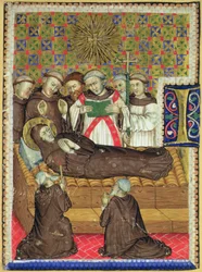 Initiale historiée B représentant un saint franciscain sur son lit de mort