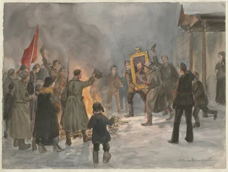 Des soldats brûlant des tableaux de la série d