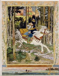 Le prince Ivan (Ivan Tsarévitch). Héros des légendes du folklore russe, chevauchant un cheval blanc dans la forêt, fuyant un château et serrant Vassilissa la Très Belle dans ses bras. Illustration d