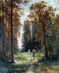 Chemin à travers les bois. Paysage de clairière dans une forêt. Peinture d