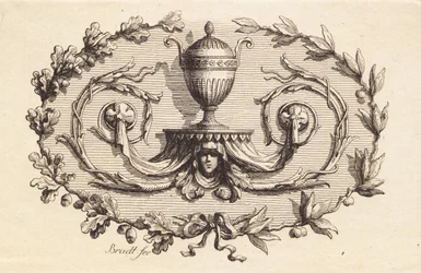 Un vase à deux anses entouré de feuillages