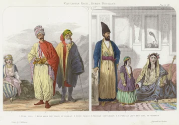 Race caucasienne, Kurdes, Perses (gravure en couleur)