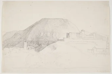 Étude de paysage avec montagne et bâtiments. Spoleto, Italie