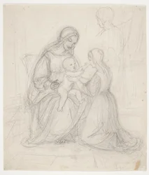 Madone assise avec enfant et femme agenouillée