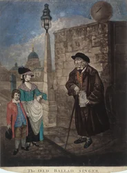 Vieux chanteur de ballades debout à un coin de rue, vers 1780
