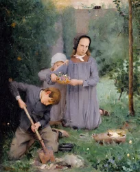 Enfants enterrant un oiseau